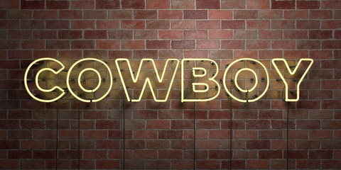 COWBOY - fluorescent Neon tube Sign on brickwork - Front view - 3D rendered royalty free stock picture. Can be used for online banner ads and direct mailers..