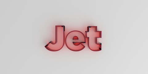 Jet - Red glass text on white background - 3D rendered royalty free stock image.