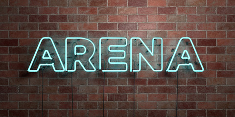 ARENA - fluorescent Neon tube Sign on brickwork - Front view - 3D rendered royalty free stock picture. Can be used for online banner ads and direct mailers..