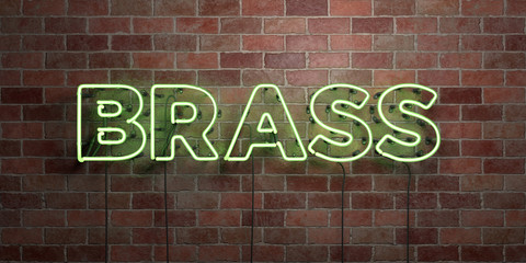 BRASS - fluorescent Neon tube Sign on brickwork - Front view - 3D rendered royalty free stock picture. Can be used for online banner ads and direct mailers..