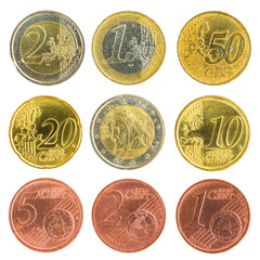 euro coins collection isolated on white background