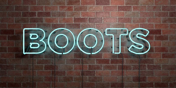 BOOTS - fluorescent Neon tube Sign on brickwork - Front view - 3D rendered royalty free stock picture. Can be used for online banner ads and direct mailers..