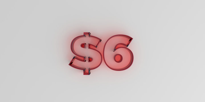 $6 - Red glass text on white background - 3D rendered royalty free stock image.