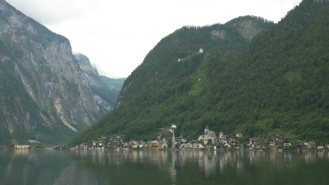 View of the small town of Hallstatt, in Upper Austria, as seen from an approaching boat.