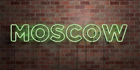 MOSCOW - fluorescent Neon tube Sign on brickwork - Front view - 3D rendered royalty free stock picture. Can be used for online banner ads and direct mailers..