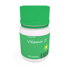 Dietary Supplement: Plastic Pill Bottle Vitamin D, 3d illustration on white background