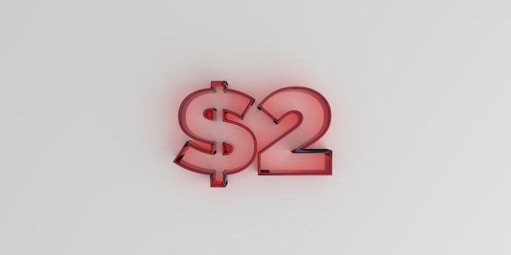 $2 - Red glass text on white background - 3D rendered royalty free stock image.