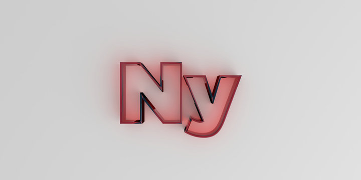 Ny - Red glass text on white background - 3D rendered royalty free stock image.
