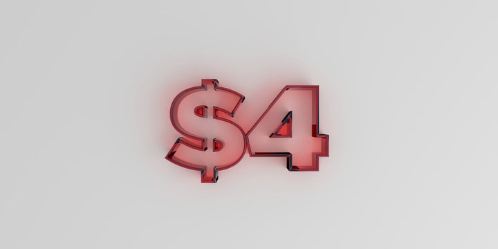 $4 - Red glass text on white background - 3D rendered royalty free stock image.