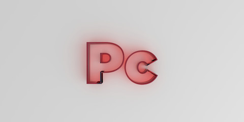 Pc - Red glass text on white background - 3D rendered royalty free stock image.