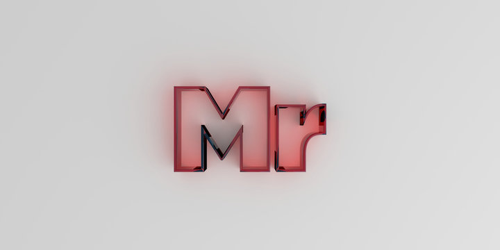 Mr - Red glass text on white background - 3D rendered royalty free stock image.