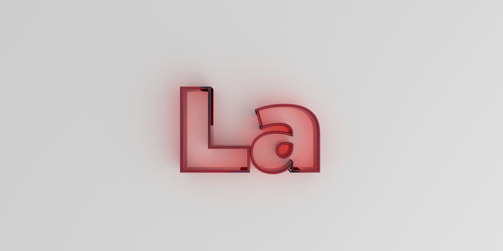 La - Red glass text on white background - 3D rendered royalty free stock image.