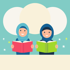 Muslim Girls Wearing Hijabs Read Books.