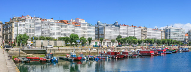 Docked boats in A Coruna harbour, Galicia, northern Spain