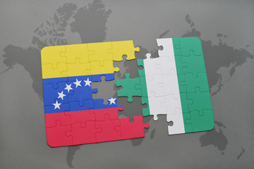 puzzle with the national flag of venezuela and nigeria on a world map
