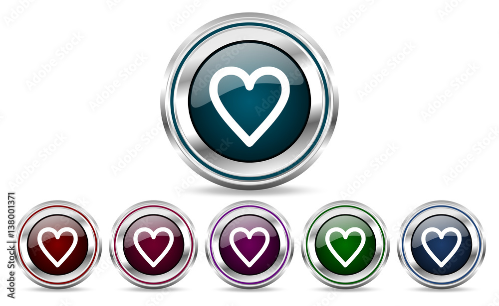 Poster heart silver metallic web and mobile phone set of vector icons isolated on white background in eps 1