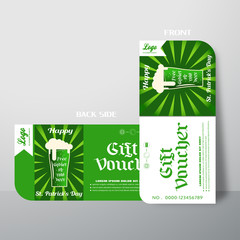 Vector blank of gift voucher for Happy St. Patrick's Day with green rays, goblets of cold beer which is leaning against the wall.