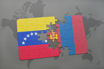 puzzle with the national flag of venezuela and mongolia on a world map