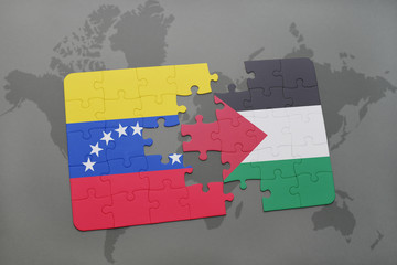 puzzle with the national flag of venezuela and palestine on a world map