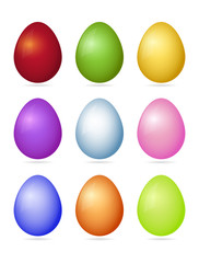 Set of nine photorealistic colorful vector Easter eggs with shadow isolated on a white background.