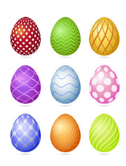 Set of nine photorealistic colorful vector Easter eggs with very simple patterns and shadow isolated on a white background.