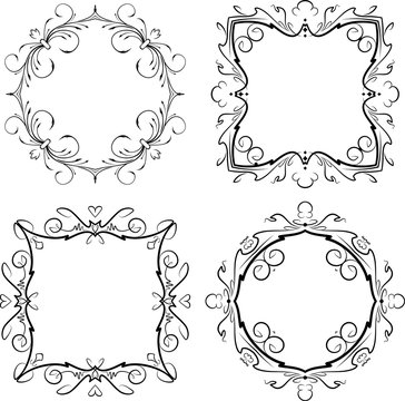 Set of four decorative round and squre vintage vector frames.