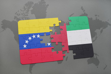 puzzle with the national flag of venezuela and united arab emirates on a world map