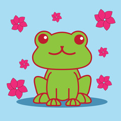 Cartoony frog on blue background with flowers
