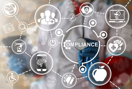 Compliance medicine health care integration computing concept. Doctor touched icon compliance gear on virtual screen. Medical governance automation robotic modernization healthy strategy, technology