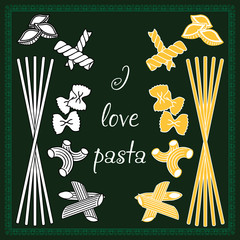 Set products. Seamless pattern. Ready-made ingredients. Variety of pasta. Set pasta. I love pasta,
