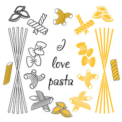 Set products. Seamless pattern. Ready-made ingredients. Variety of pasta. Set pasta. I love pasta.