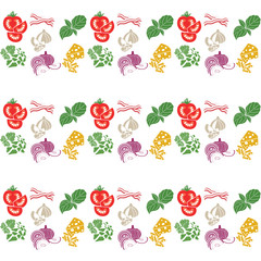 Set products. Seamless pattern. Sliced vegetables. Ready-made ingredients. Parsley, basil, bacon, onion, garlic, cheese.