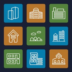 Set of 9 skyscraper outline icons