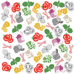 Set products. Seamless pattern. Sliced vegetables. Ready-made ingredients. Parsley, basil, bacon, onion, garlic, cheese.