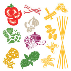 Set products. Seamless pattern. Pasta and vegetables. Ready-made ingredients. Parsley, basil, bacon, onion, garlic, cheese, pasta.