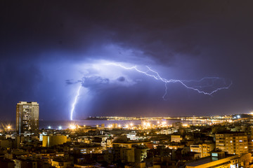 Lightning and thunder during a thunderstorm, one night in Alicante