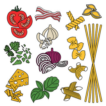 Set products. Seamless pattern. Pasta and vegetables. Ready-made ingredients. Parsley, basil, bacon, onion, garlic, cheese, pasta.