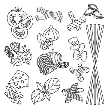 Set products. Seamless pattern. Pasta and vegetables. Ready-made ingredients. Black and white. Parsley, basil, bacon, onion, garlic, cheese, pasta.