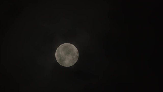 Rare harvest moon rising at night shines through clouds, 4K time lapse.