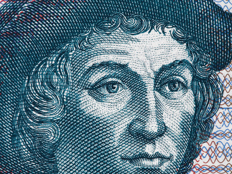 Christopher Columbus (1451 - 1506) portrait on Salvador 5 Colones (1997) banknote extreme macro. Great explorer, navigator, colonizer and discoverer of America.