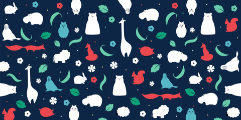 Vector pattern of flat animals seamless background.