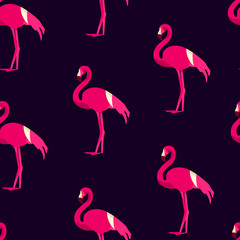 Obraz premium Seamless pattern with flamingo on dark background. Ornament for textile and wrapping. Vector .