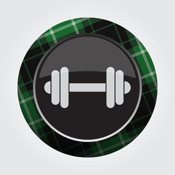 button with green, black tartan - dumbbell icon