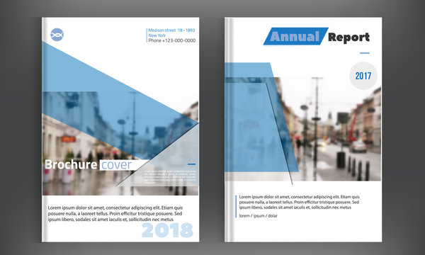 Blue cover set business brochure vector design. Leaflet advertising background with blured city. Modern magazine layout. Annual report for presentation, poster.