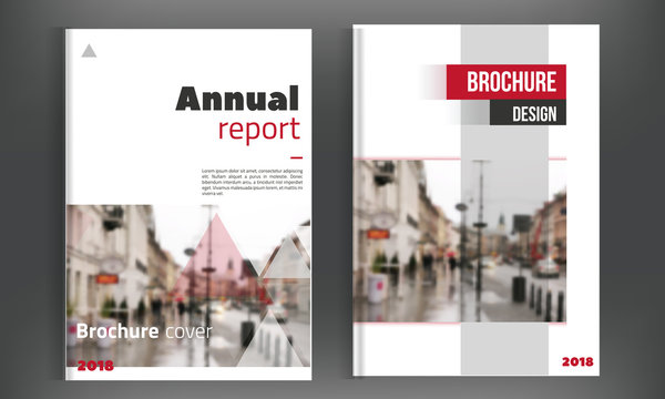 Red annual report, brochure cover design template vector, Leaflet cover presentation with abstract blured city background, A4 size layout.