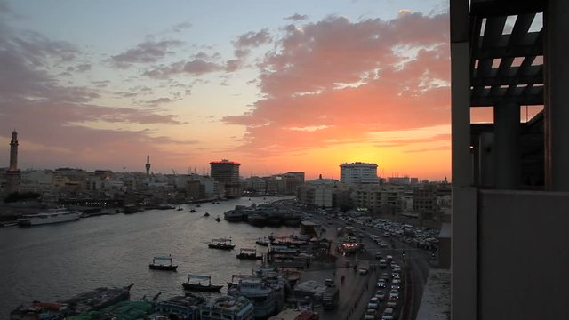 Dubai skyline at the sunset. Deira district. View from above.