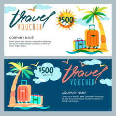 Vector gift travel voucher template. Tropical island landscape with palm tree and luggage suitcase. Concept for summer vacation and travel agency. Banner, shop coupon, certificate or flyer layout. - obrazy, fototapety, plakaty
