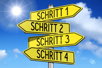 "Step 1, Step 2, Step 3, Step 4" (English), "Shritt 1, Schritt 2, Schritt 3, Schritt 4" (German) -  yellow road-sign.