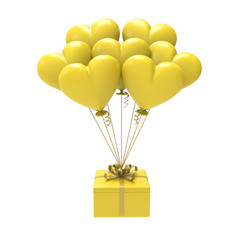 3D illustration yellow gift and hearts air balloons