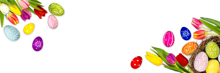 wide easter isolated panorama banner white background with easter eggs tulips and nest / Ostern...